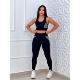 Imagem da oferta Conjunto Fitness Top+Calça Preta Com Detalhe Lateral Cinza