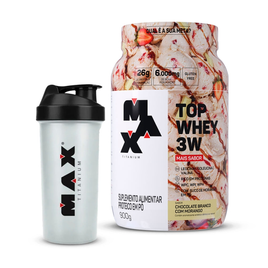 Imagem da oferta Kit Top Whey 3W + Sabor e Coqueteleira Incolor Brinde - Max TitaniumChocolate Branco com Morango