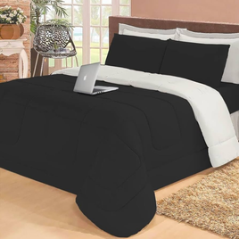 Imagem da oferta Jogo de cama Casal com edredom lençol fronha função cobre leito e cobertor (Preto e Branco)