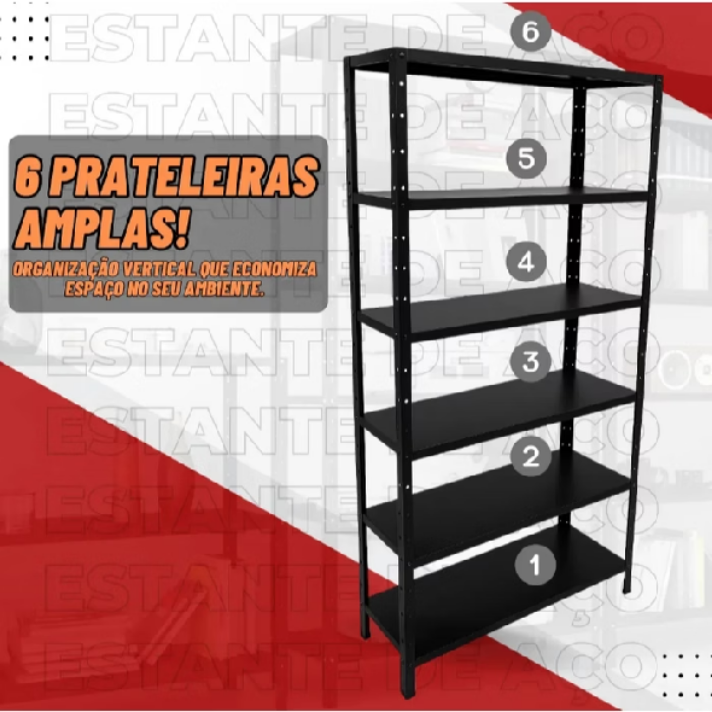 Estante Com 6 Prateleiras De Aço Livros Ferramentas Quarto Cor Preto Reforçada