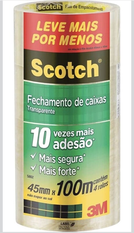Scotch 3M Fita de Empacotamento Transparente 4 Rolos 45mm x 100M