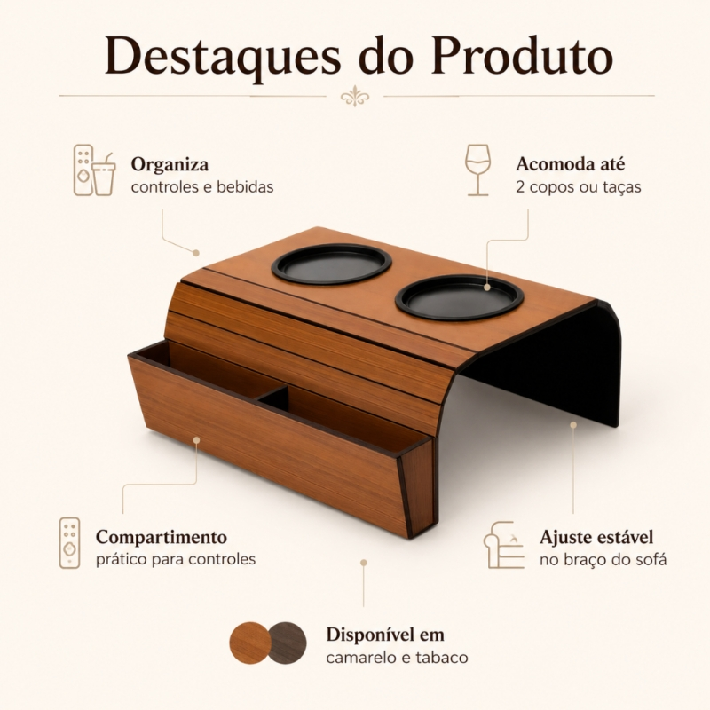 Esteira Bandeja Sofá Flexível MDF Porta Copos E Controle Organizador Apoio De Braço Protetor Decorativo Luxo